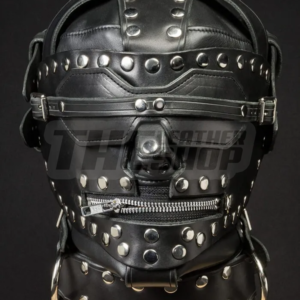 leather heavy duty bondage hood studded fetish mask buckle straps custom made