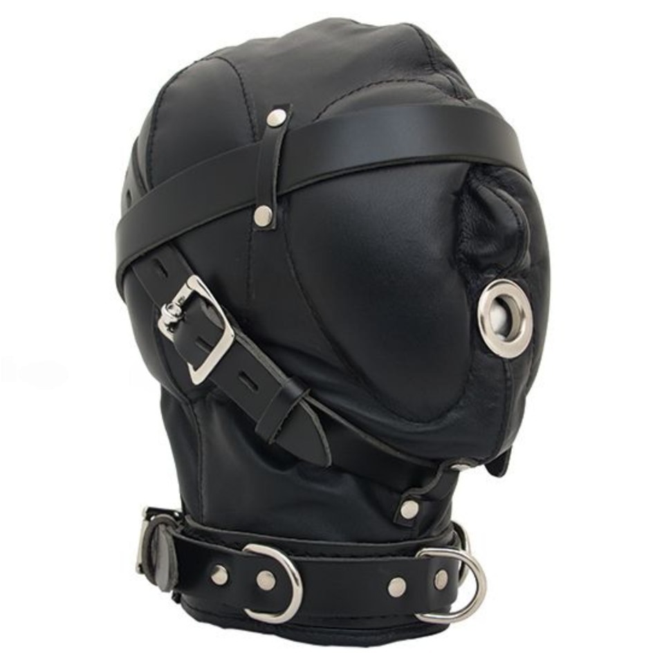 leather padded bondage hood sensory deprivation mask breathing hole o ring (custom made to measure) leather padded bondage hood sensory deprivation mask breathing hole o ring (custom made to measure)