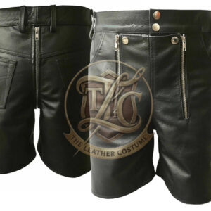 Men’s Leather Shorts Black Cowhide Biker Shorts Double Zipper (Custom Made to Measure)