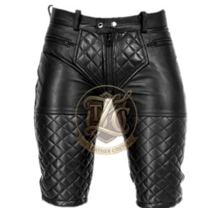 Men’s Quilted Leather Shorts Black Real Leather Fetish Bondage Short Pants (Custom Made to Measure)