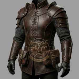 Men’s Brown Leather Medieval Warrior Armor Jacket – Viking Knight LARP Costume with Shoulder Guards, Bracers & Belt