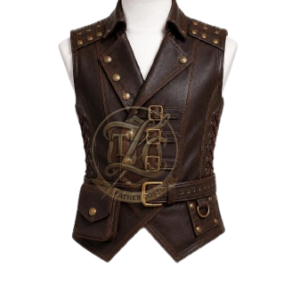 Brown Leather Steampunk Vest for Men, Vintage Gothic Biker Waistcoat with Studded Shoulders, Button Front, Pockets & Belt