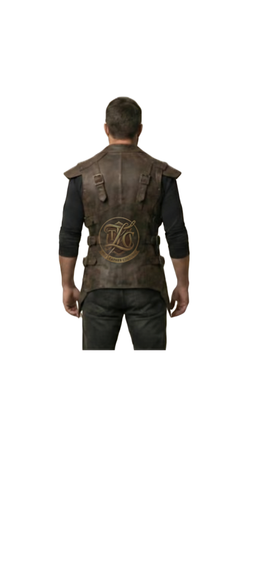 Men’s Vintage Brown Leather Warrior Vest – Medieval Steampunk Costume Armor with Buckle Straps & Shoulder Details - Image 2