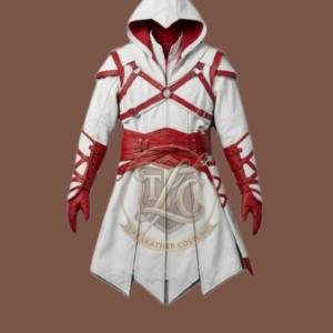 White & Red Hooded Assassin Warrior Costume – Medieval Fantasy Leather-Style Coat with Belt & Arm Guards