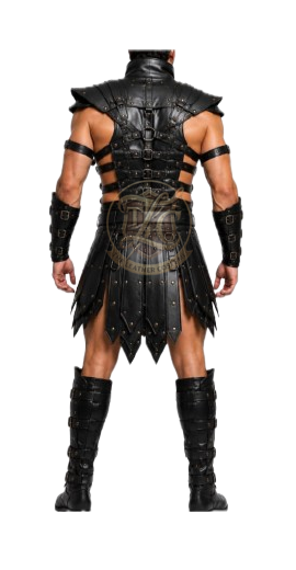 Black Leather Gladiator Armor Costume for Men, Medieval Warrior Outfit with Pauldrons, Arm Bracers, Battle Skirt & Leg Guards - Image 2
