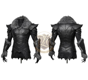 Black Leather Wolf Warrior Armor – Gothic Fantasy Fur Collar Corset & Gauntlet Costume - Image 3