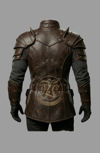 Men’s Brown Leather Medieval Warrior Armor Jacket – Viking Knight LARP Costume with Shoulder Guards, Bracers & Belt - Image 2