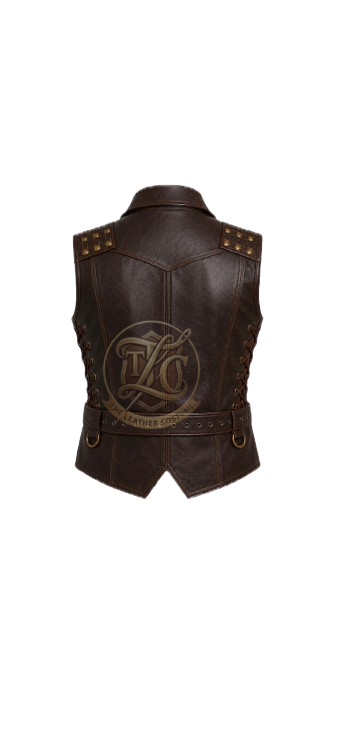 Brown Leather Steampunk Vest for Men, Vintage Gothic Biker Waistcoat with Studded Shoulders, Button Front, Pockets & Belt - Image 2