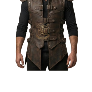 Men’s Vintage Brown Leather Warrior Vest – Medieval Steampunk Costume Armor with Buckle Straps & Shoulder Details