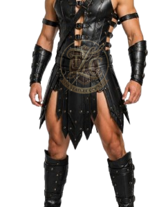 Black Leather Gladiator Armor Costume for Men, Medieval Warrior Outfit with Pauldrons, Arm Bracers, Battle Skirt & Leg Guards