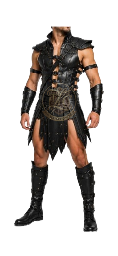 Black Leather Gladiator Armor Costume for Men, Medieval Warrior Outfit with Pauldrons, Arm Bracers, Battle Skirt & Leg Guards