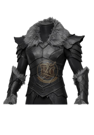 Black Leather Wolf Warrior Armor – Gothic Fantasy Fur Collar Corset & Gauntlet Costume