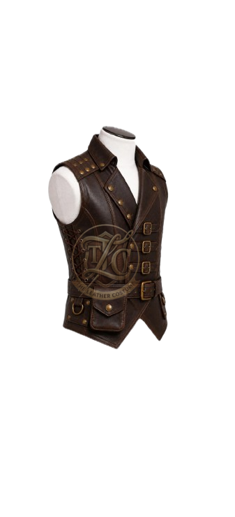 Brown Leather Steampunk Vest for Men, Vintage Gothic Biker Waistcoat with Studded Shoulders, Button Front, Pockets & Belt - Image 3